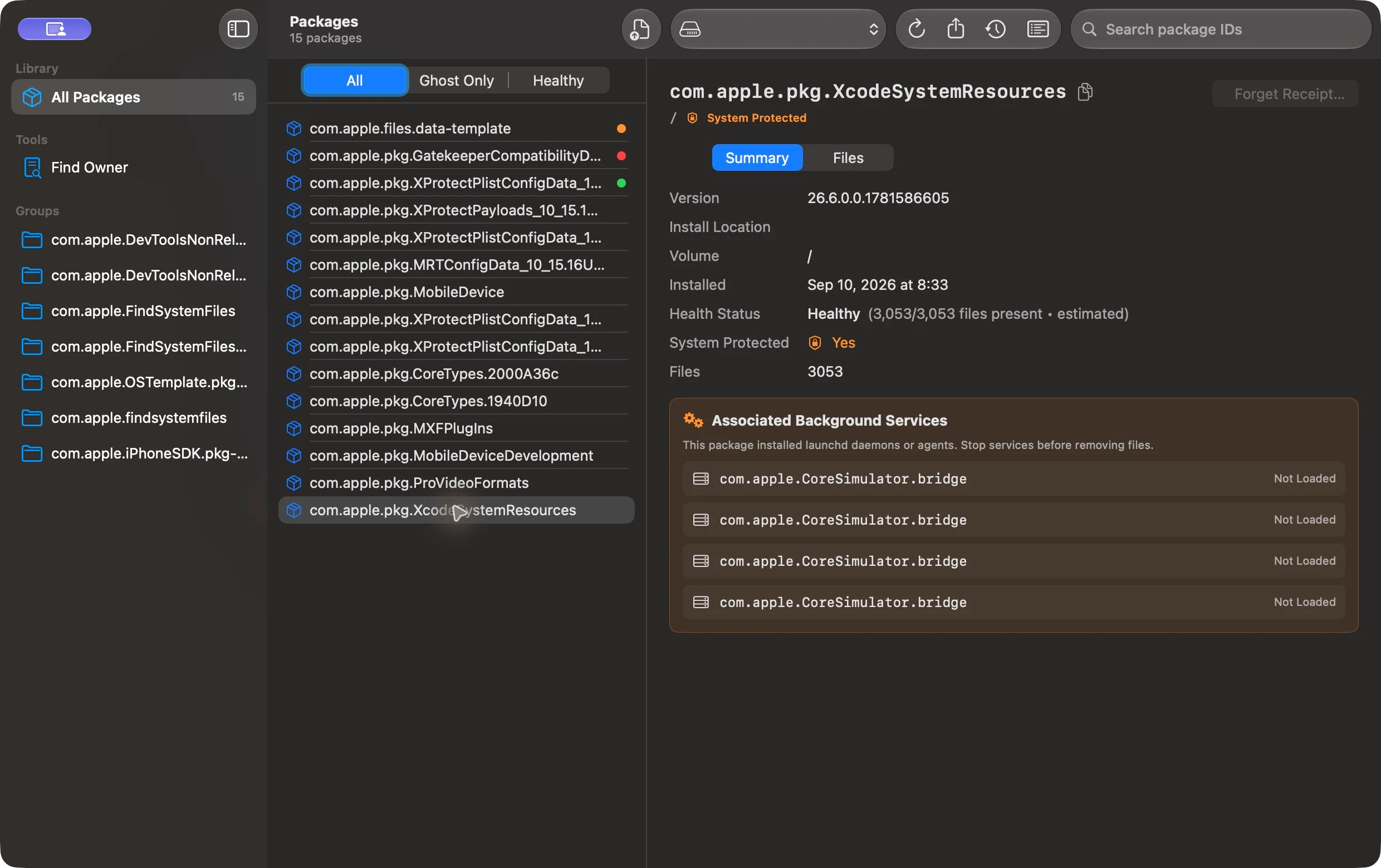 Actual ParcelScope receipt explorer showing package metadata and associated services